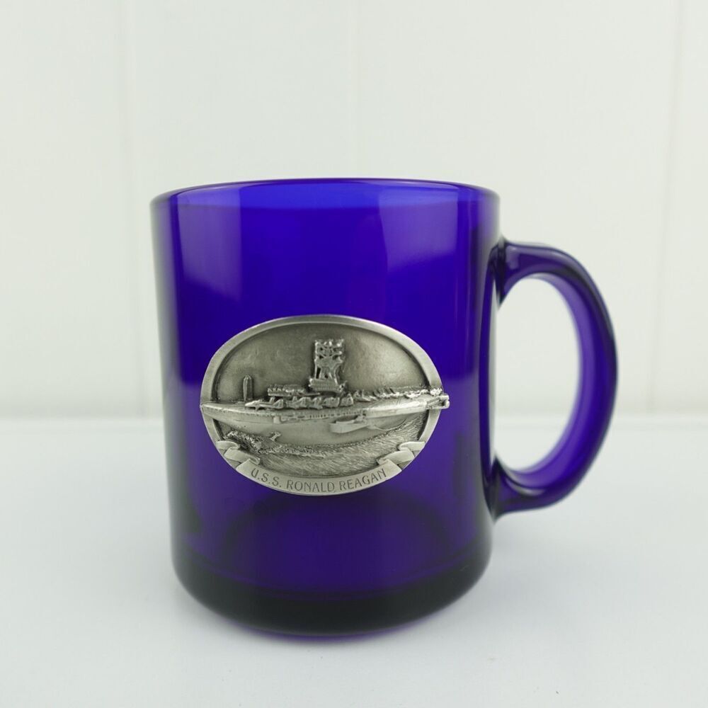 USS Ronald Reagan Navy Aircraft Carrier Blue Glass Coffee Mug Pewter Plaque